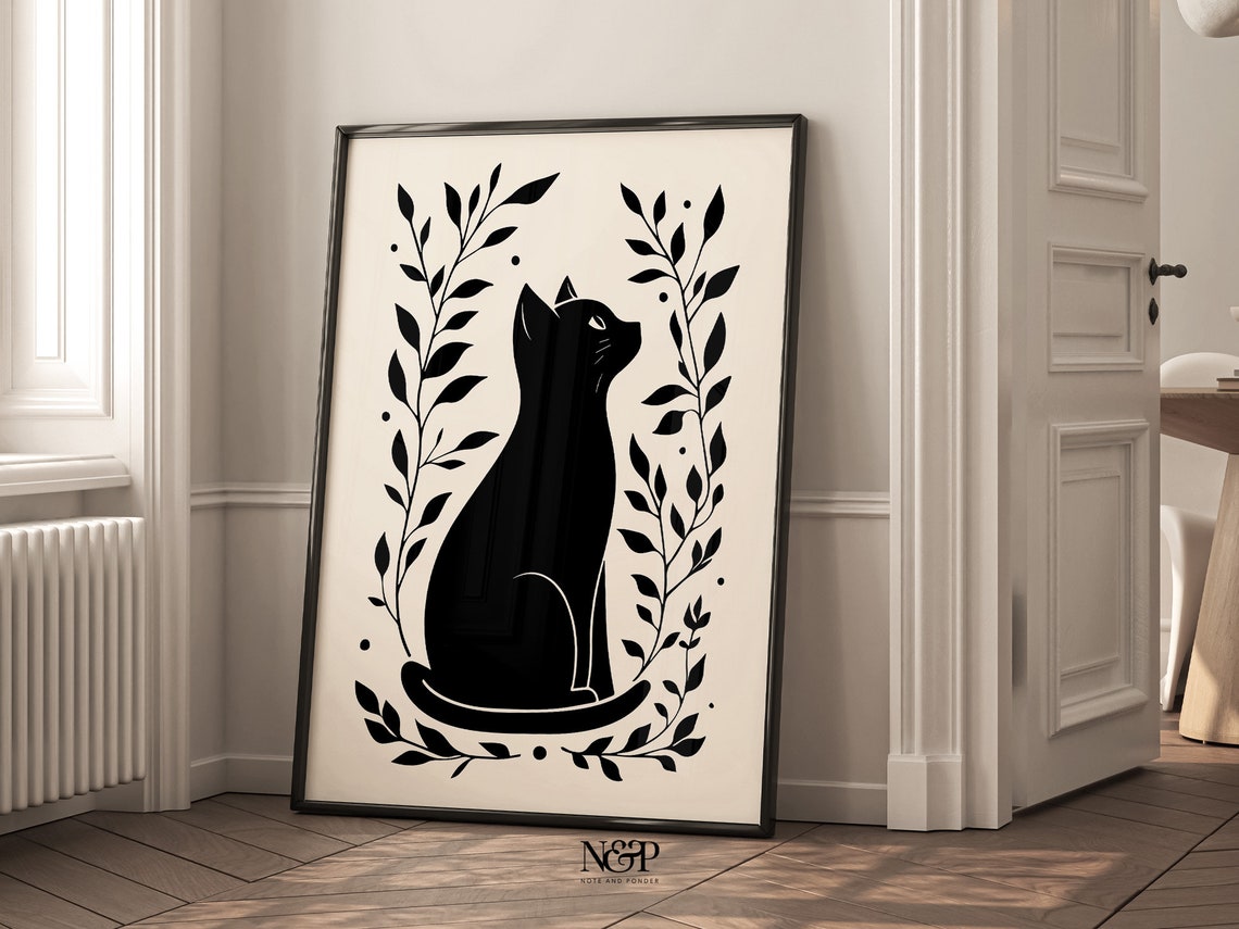 Black Cat Print Black and White Wall Art Preppy Dorm Room Decor Retro ...