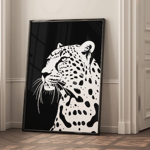 May include: Black and white illustration of a leopard's head and shoulders against a black background.