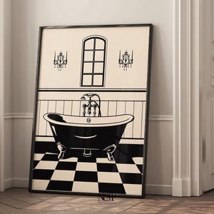 May include: Black and white illustration of a bathroom with a clawfoot bathtub, a window, and two chandeliers. The floor is a black and white checkered pattern.
