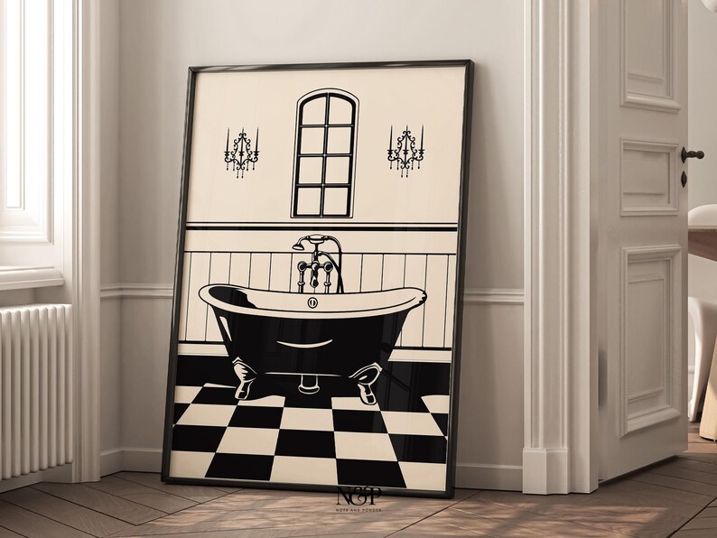 May include: Black and white illustration of a bathroom with a clawfoot bathtub, a window, and two chandeliers. The floor is a black and white checkered pattern.