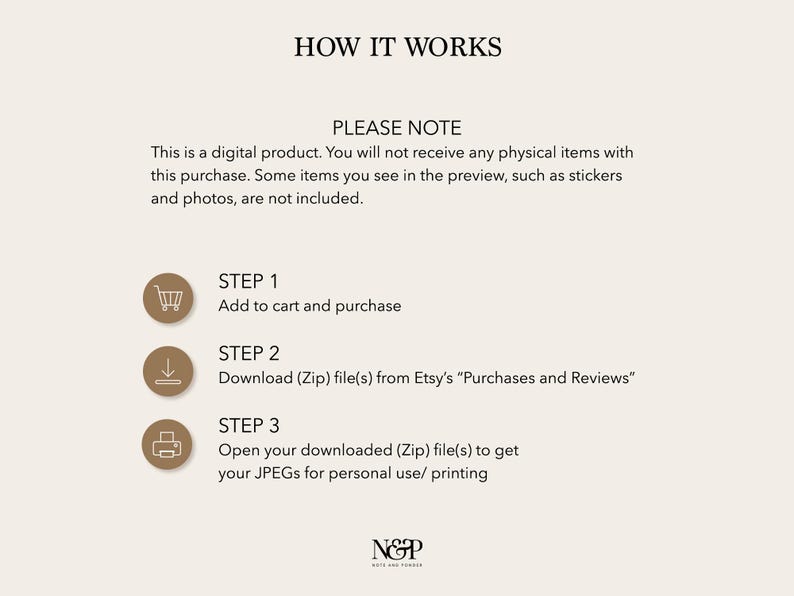 May include: How it works: A digital product with instructions on how to add to cart, download, and open the file. The text includes the words "Please Note" and "N&P".