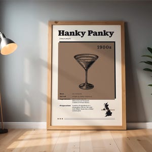 Wydrukowany Vintage Hanky Panky Print, Przepis na koktajle Sztuka ścienna, Dekoracja wózka barowego w stylu retro, Plakat miksologiczny, Wydruk napoju kuchennego, Prezent dla barmana
