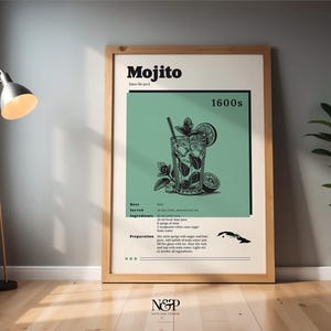 Wydrukuj przepis na koktajl Mojito Vintage Wall Art Retro Bar Decor Rum Drink Przepis Sztuka Kuchenna Domowy Prezent Barmana Kultowy Drink Styl Retro