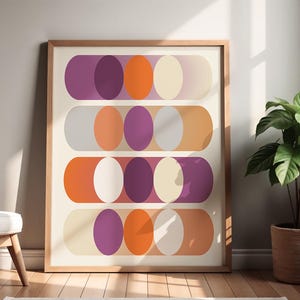 Mid Century Modern Wall Art, Abstract Print, Retro Purple Orange Poster, Printable Vintage Living Room Decor, Modern Apartment Wall Art