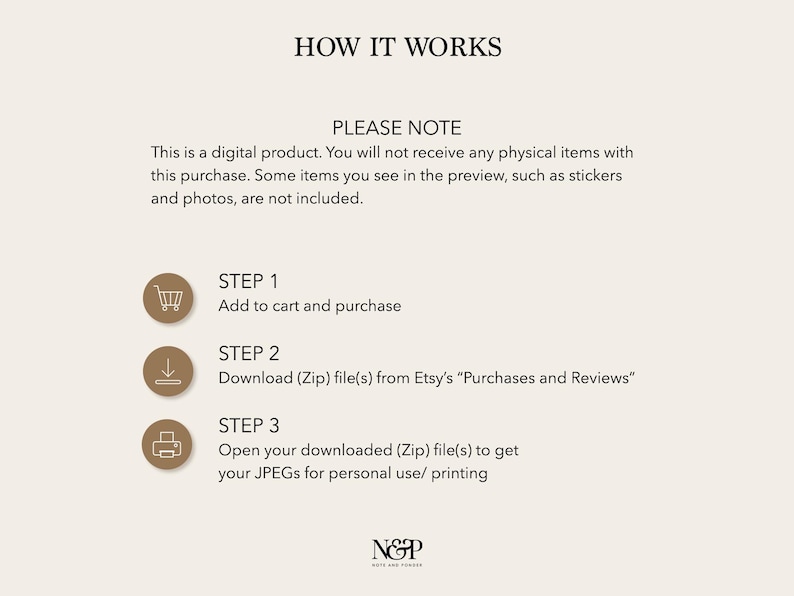 May include: How it works: A digital product with instructions on how to add to cart, download, and open the file. The text includes the words "Please Note", "Step 1", "Step 2", and "Step 3".