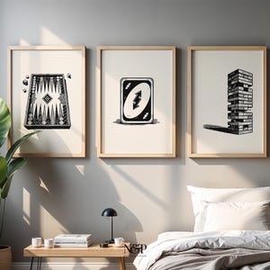 Black and White Vintage Board Game Wall Art Set of 3, Game Room Decor ...
