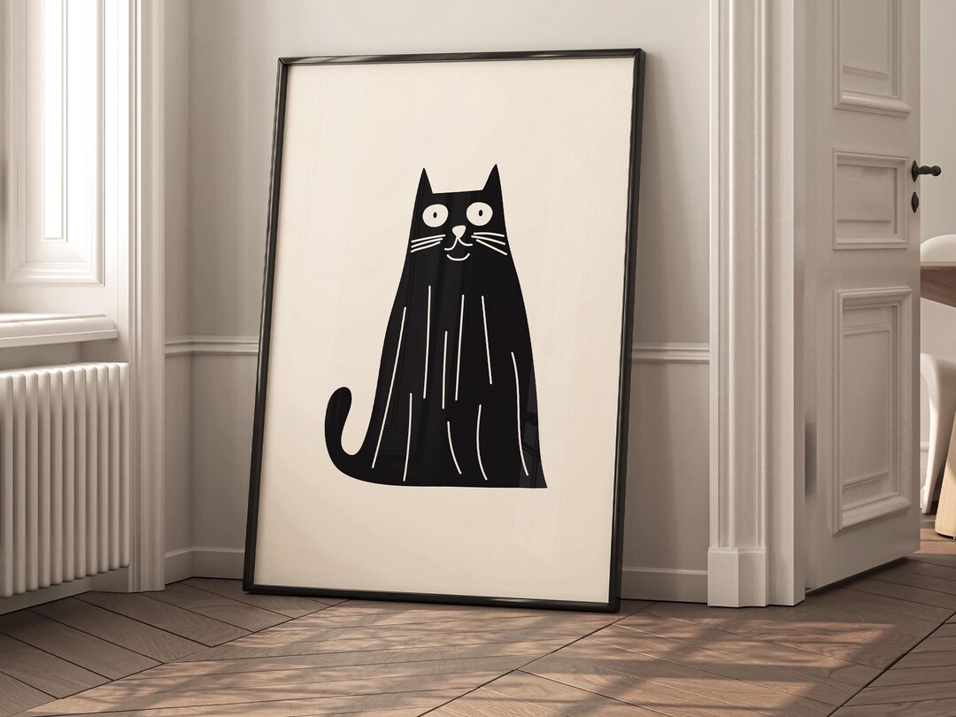 Funny Black and White Cat Wall Art Print, Minimalist Doodle Cat Poster ...
