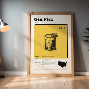 Wydrukowany Vintage Gin Fizz Print, Przepis na koktajle Sztuka ścienna, Dekoracja wózka barowego w stylu retro, Plakat miksologiczny, Wydruk napoju kuchennego, Prezent dla barmana