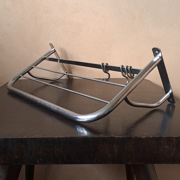 Vintage chromed metal rod shelf with hooks in train style