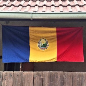 Könnte beinhalten: Eine rechteckige Flagge mit drei vertikalen Streifen in Blau, Gelb und Rot. In der Mitte des gelben Streifens befindet sich ein detailliertes Wappen, das eine Landschaft mit Bergen, Sonne und Weizenähren zeigt, gekrönt von einem roten Stern.