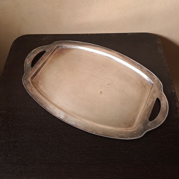 Large oval Victorian shallow metal tray with handles