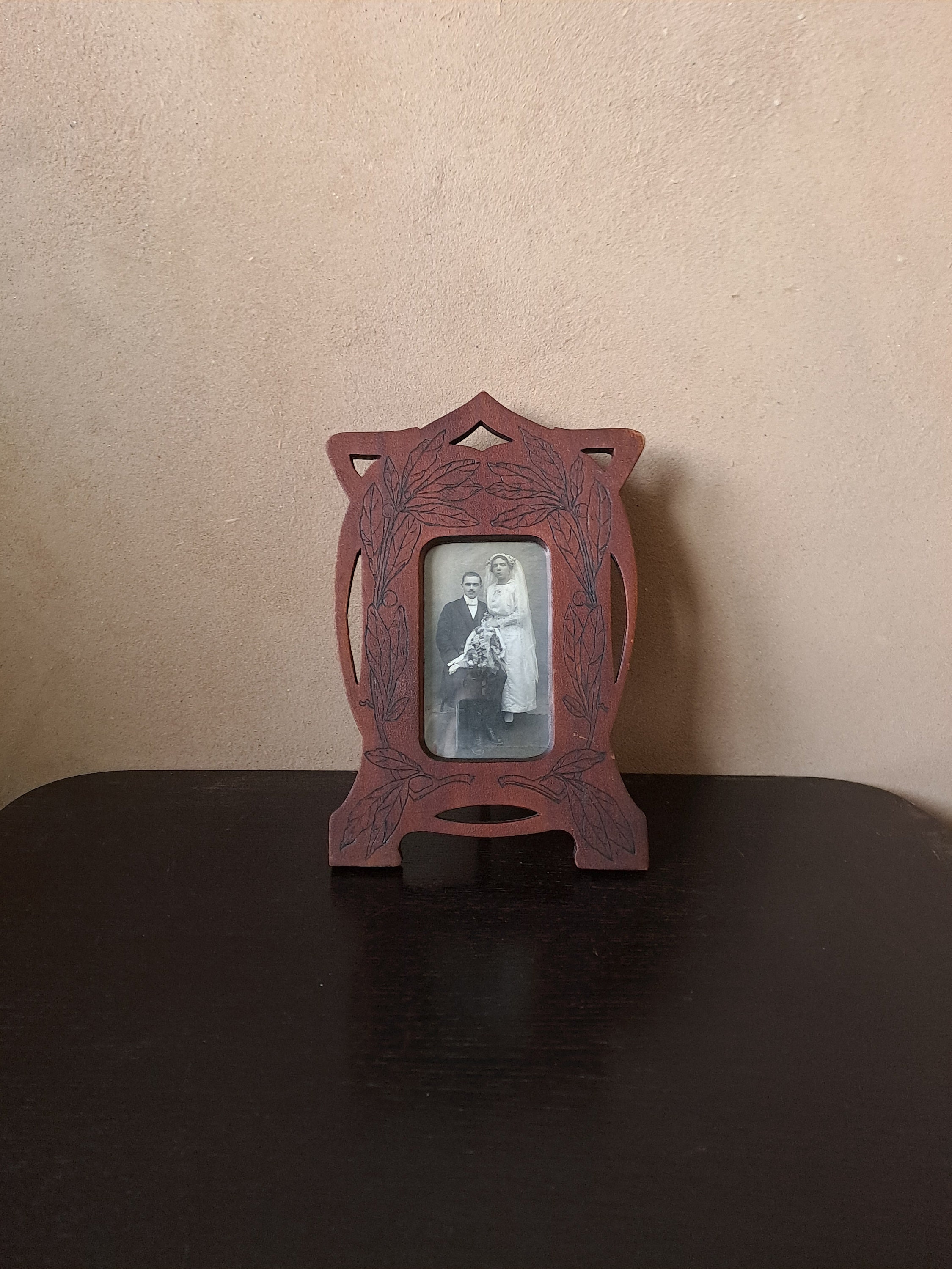Mid-sized Art Nouveau antique carved wooden tabletop vertical 
