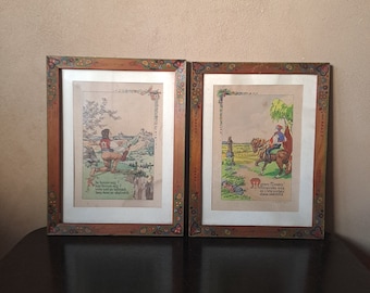 Folk art simple painted wooden picture frame with art prints with Czechslovak national anthem and Moravian folk song on paper