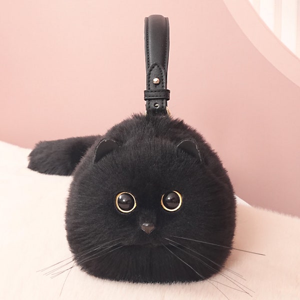 Sac fourre-tout réaliste en peluche chat noir sac fait main joli cadeau d'anniversaire de petite amie de chat de marionnette