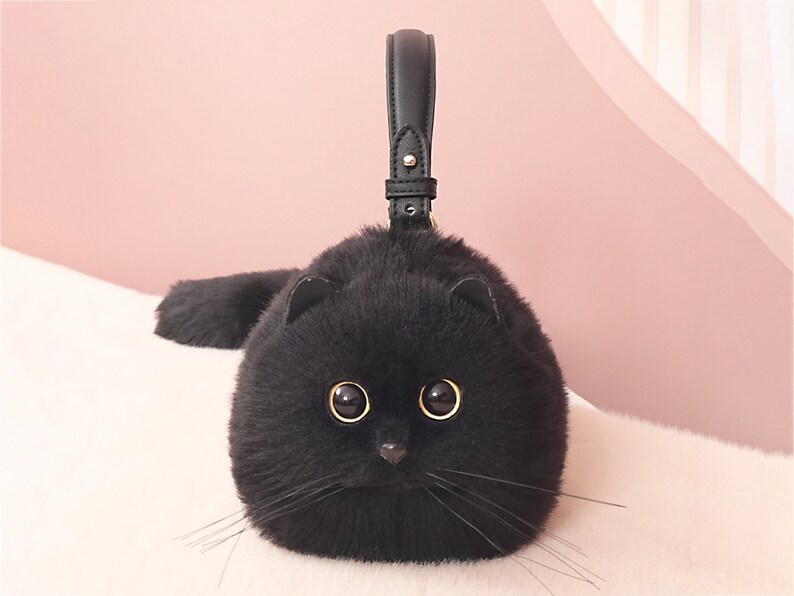 Realistic plush black cat tote bag handmade bag cute puppet cat girlfriend birthday gift image 1