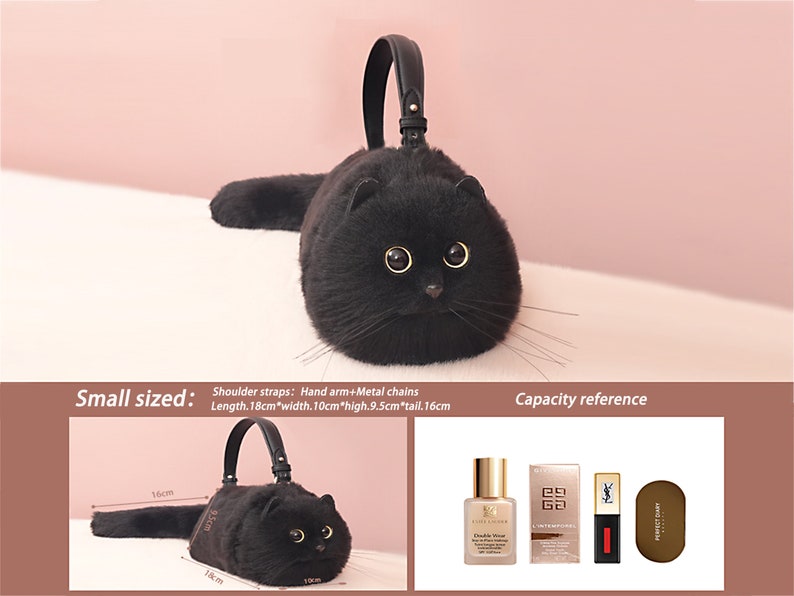 Borsa tote realistica in peluche con gatto nero, borsa fatta a mano, simpatico regalo di compleanno per la fidanzata del gatto burattino immagine 4