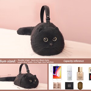 Borsa tote realistica in peluche con gatto nero, borsa fatta a mano, simpatico regalo di compleanno per la fidanzata del gatto burattino immagine 6