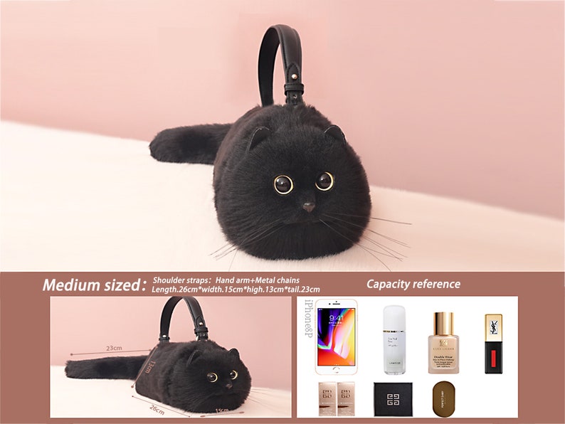 Borsa tote realistica in peluche con gatto nero, borsa fatta a mano, simpatico regalo di compleanno per la fidanzata del gatto burattino immagine 6