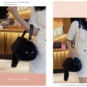 Borsa tote realistica in peluche con gatto nero, borsa fatta a mano, simpatico regalo di compleanno per la fidanzata del gatto burattino immagine 8