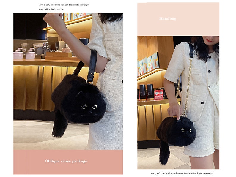 Realistic plush black cat tote bag handmade bag cute puppet cat girlfriend birthday gift image 8