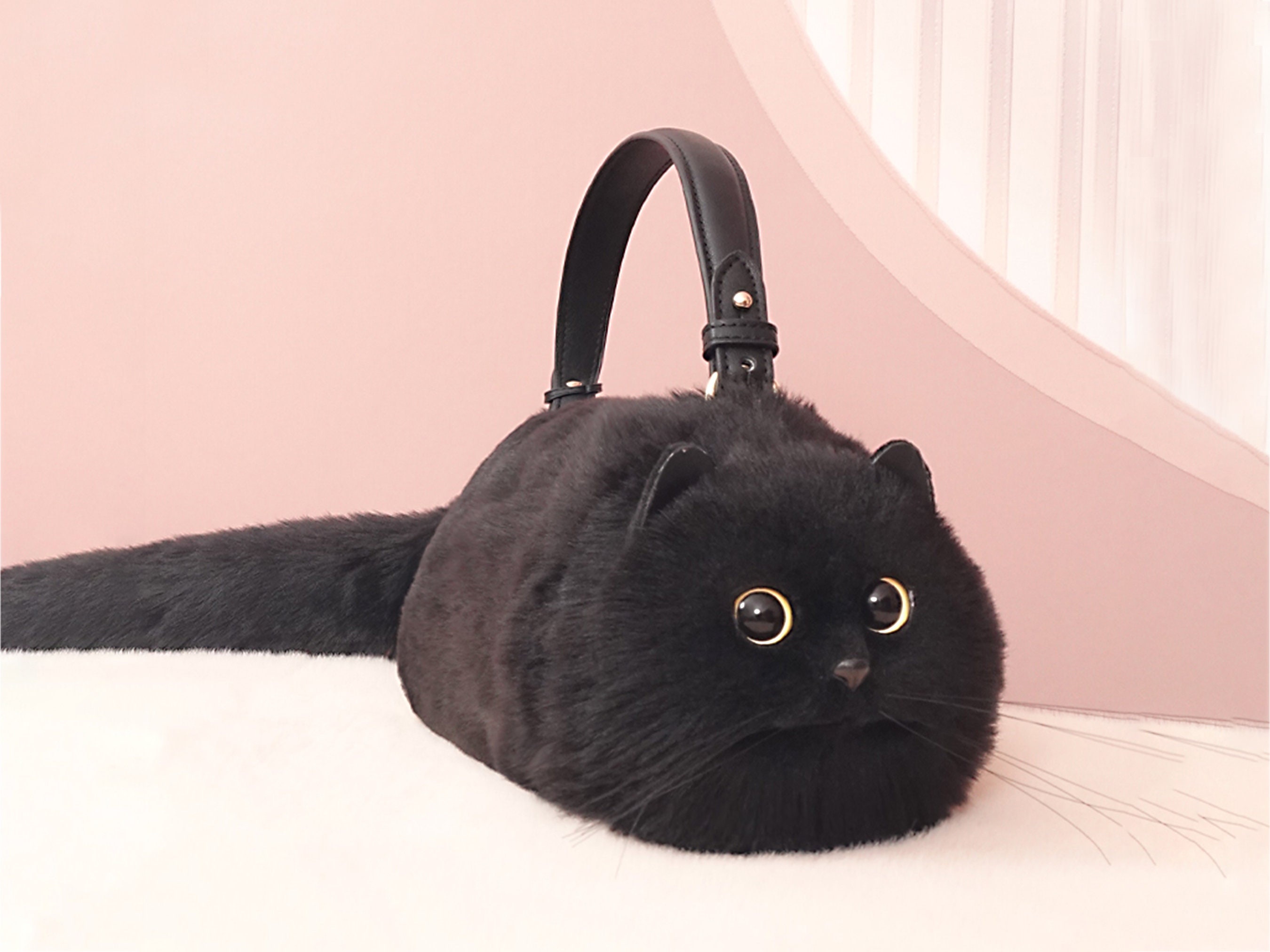 Realistic Plush Black Cat Tote Bag Handmade Bag Cute Puppet Cat