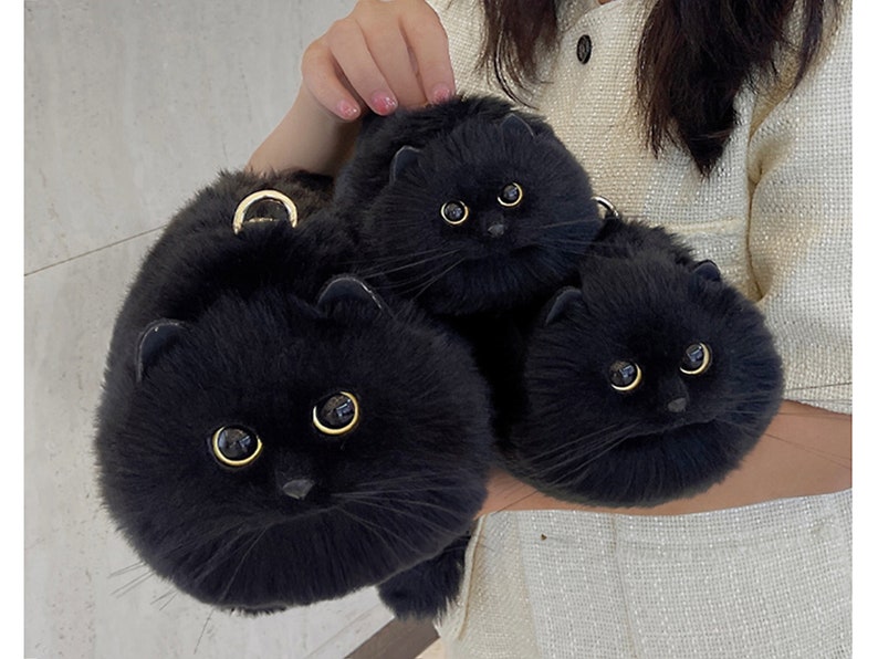 Borsa tote realistica in peluche con gatto nero, borsa fatta a mano, simpatico regalo di compleanno per la fidanzata del gatto burattino immagine 7