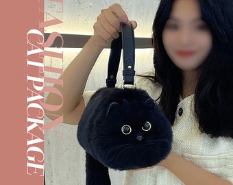 Bolso de mano de gato negro de felpa realista, bolso hecho a mano, lindo gato títere, novia, regalo de cumpleaños