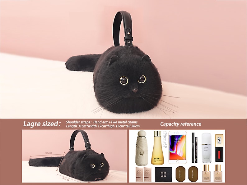 Borsa tote realistica in peluche con gatto nero, borsa fatta a mano, simpatico regalo di compleanno per la fidanzata del gatto burattino immagine 5