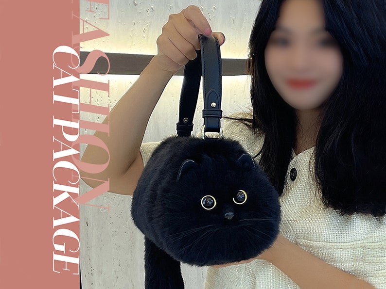 Borsa tote realistica in peluche con gatto nero, borsa fatta a mano, simpatico regalo di compleanno per la fidanzata del gatto burattino immagine 9