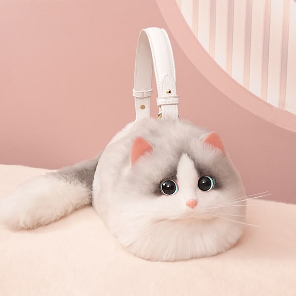 Realistica borsa in peluche fatta a mano con gatto bianco, simpatico regalo con gatto bianco per la fidanzata
