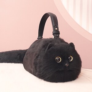 Borsa tote realistica in peluche con gatto nero, borsa fatta a mano, simpatico regalo di compleanno per la fidanzata del gatto burattino immagine 2