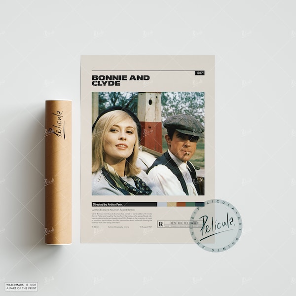 Cartel de Bonnie y Clyde / Arthur Penn / Cartel de película minimalista / Impresión de arte retro vintage / Cartel personalizado / Impresión de arte de pared / Decoración del hogar