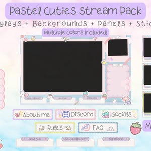 Op de afbeelding: Pastelroze en blauwe stream overlay-set met schattige cartoonfiguren. Inclusief panelen voor over mij, discord, socials, regels, faq, nieuwe abonnee, nieuwe volgers en donaties. Mixen en matchen!