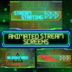 以下が含まれることがあります： ネオングリーン、ブルー、レッドのテキストが書かれた4つのアニメーション画面表示。画面には「Stream Starting」、「Be Right Back」、「Stream Ending」、「Animated Stream Screens」が表示されています。