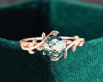Solitaire Hexagon Moss Agate Engagement Ring Art Deco Rose Gold Nature Inspired Leaf Curved