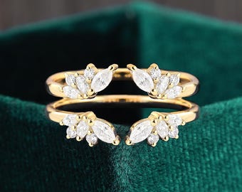 Marquise Moissanite Cluster Yellow Gold Ring Guard - Diamond Enhancer Open Wedding Band