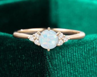Opal Engagement Ring: Vintage Art Deco Moissanite, 14K Yellow Gold