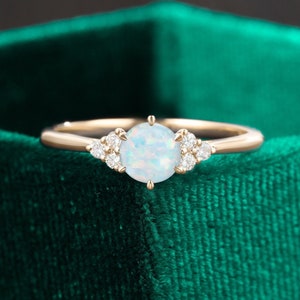 Anillo de compromiso de ópalo con diamantes vintage para mujer, moissanita, oro rosa, estilo art déco, oro macizo, engaste único en garras, regalo de aniversario para ella