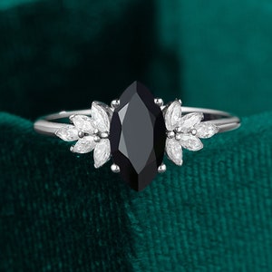 marquise cut black onyx engagement ring Stacking moissanite ring.14K/18K White Gold,vintage Unique diamond Cluster ring women, Bridal ring