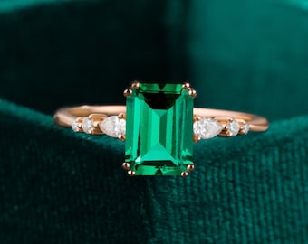 Emerald Cut Lab Emerald Engagement, Pear Diamond Cluster, 14K Rose Gold Bridal Stacking