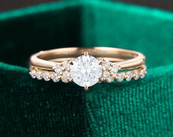2Pcs moissanite engagement ring set, diamond half eternity wedding band, yellow gold bridal set, unique prong ring, anniversary promise ring