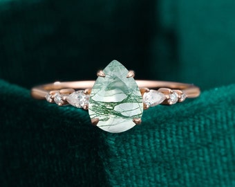 ágata de musgo y anillo de compromiso de diamantes diamante en forma de pera vintage mujeres oro rosa art deco oro sólido punta única aniversario