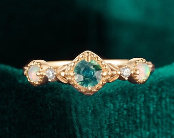 Teal Sapphire Engagement Ring, Moissanite Diamond Opal, 14K Rose Gold Milgrain
