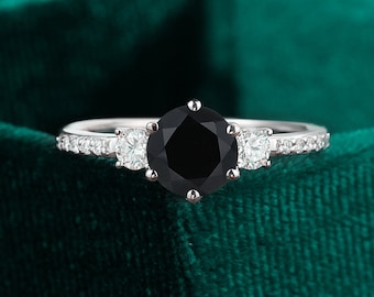 Black Onyx Engagement Ring, Moissanite White Gold, Vintage Style