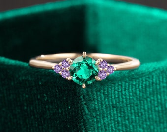 Lab emerald rose gold engagement ring, prong amethyst cluster wedding ring, seven stone anniversary ring women, promise bridal ring for her