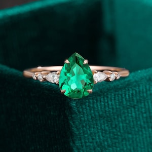 Emerald engagement ring, vintage pear shaped moissanite ring, diamond women ring, rose gold art deco solid gold unique prong anniversary