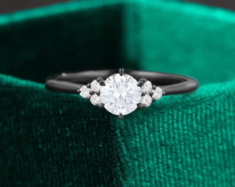 Vintage Moissanite Engagement Ring, Black Gold, Diamond Accents