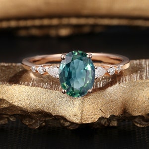 Oval Teal sapphire engagement ring vintage pear shaped diamond women moissanite rose gold art deco solid gold unique prong set anniversary