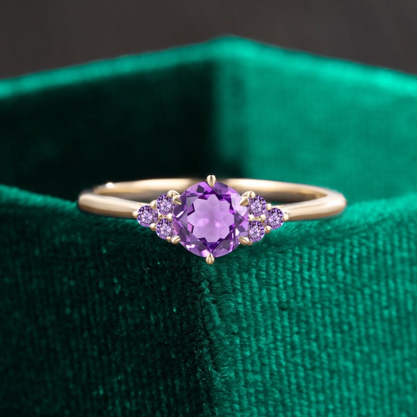 Amethyst rose gold engagement ring, promise anniversary bridal ring, unique seven stone cluster gift for her, vintage prong set wedding ring