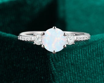 Opal Engagement Ring, Vintage Diamond, 14K White Gold Anniversary Gift